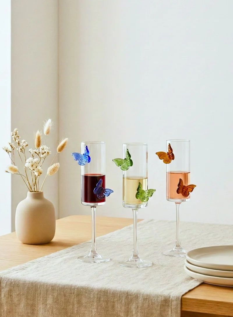1Chase  Butterfly Champagne Glass Set of 6, 180ML Flute Shape Wine Glasses with Sapphire, Emerald & Amber Butterfly Design, Elegant Glassware for Champagne, Red & White Wine  | Best Price UAE